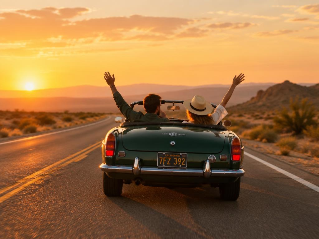 Classic convertible on an open road at sunset